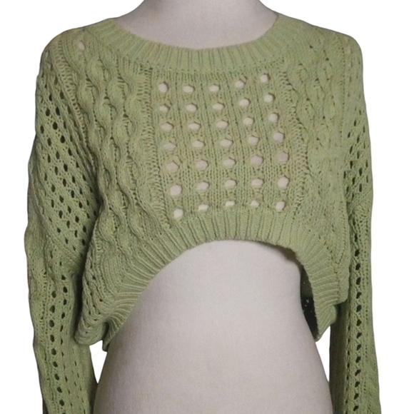Cider Green Open Cable Knit Cropped Front Long Sleeve Sweater Size Large - Picture 3 of 5